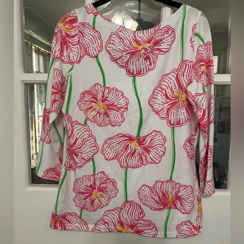 Lilly Pulitzer White Top with Pink Floral Print and Green Stems